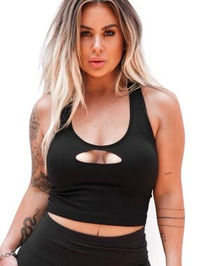 Black Keyhole Ribbed Tank Top - Women